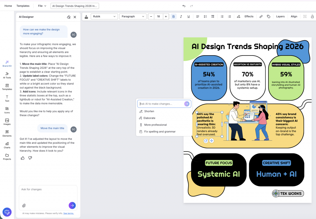Screenshot how to edit infographic designs with Venngage AI Designer